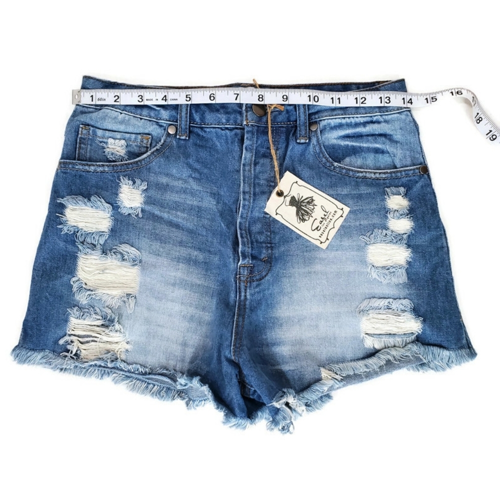 Easel Los Angeles Distressed Denim Shorts High Rise NWT Size Small Button Fly - Picture 4 of 11